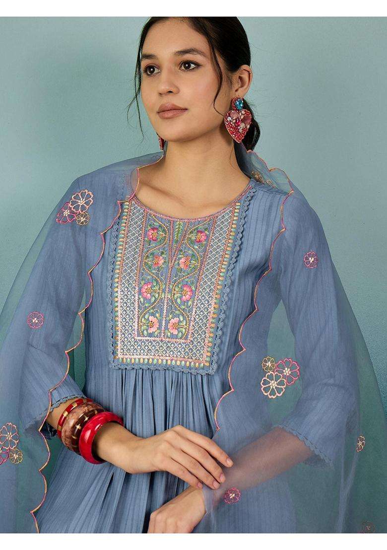 Grey Embroidery Silk Blend Kurta Set - Indya
