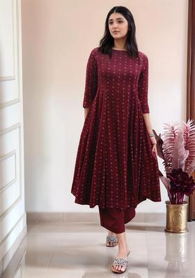 Maroon Printed Rayon Anarkali Set