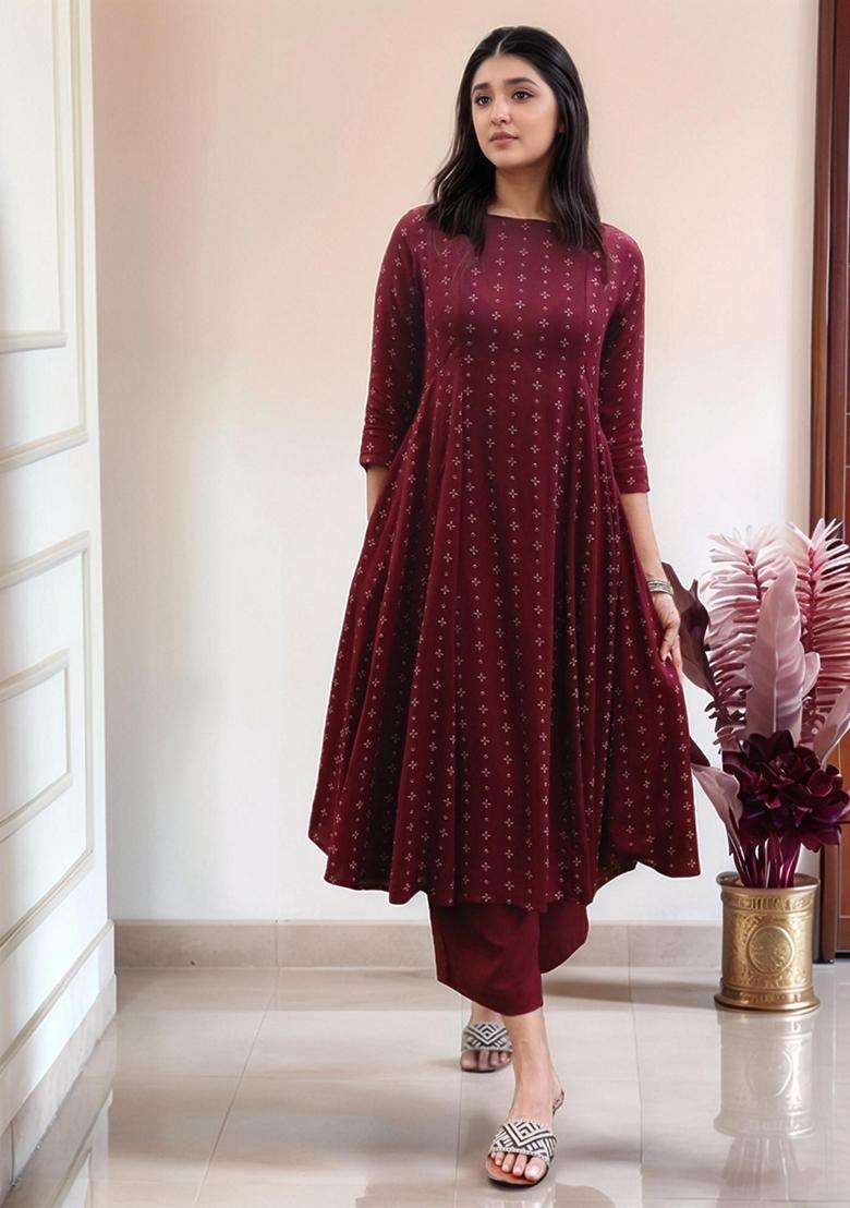 Maroon Printed Rayon Anarkali Set - Indya