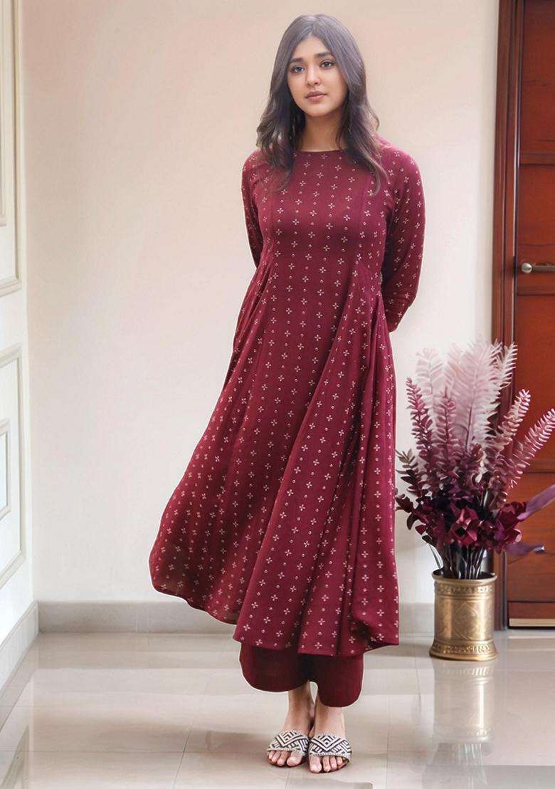 Maroon Printed Rayon Anarkali Set - Indya