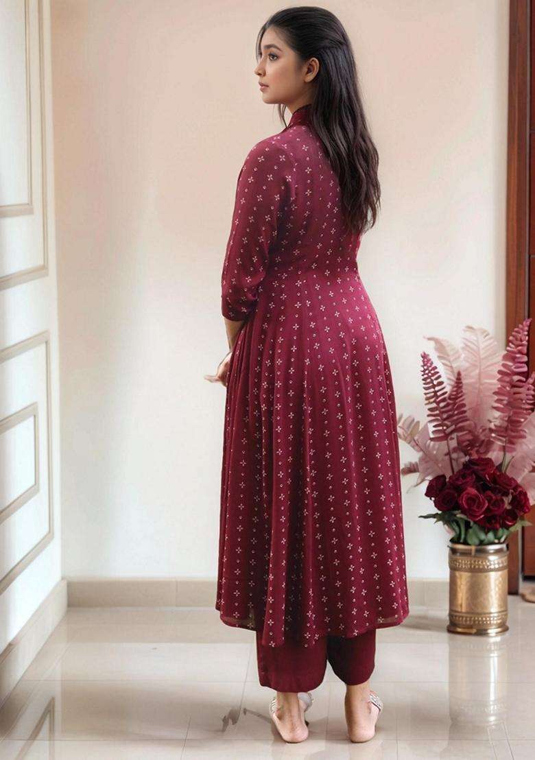 Maroon Printed Rayon Anarkali Set - Indya