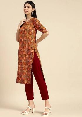 Orange Printed Crepe Kurta Set