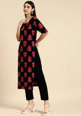 Black Printed Crepe Kurta Set
