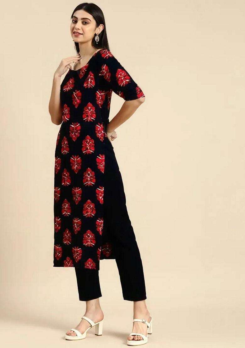 Black Printed Crepe Kurta Set - Indya