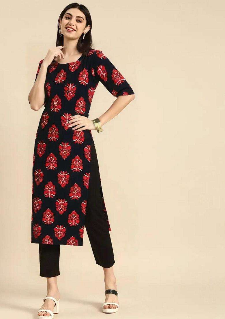 Black Printed Crepe Kurta Set - Indya