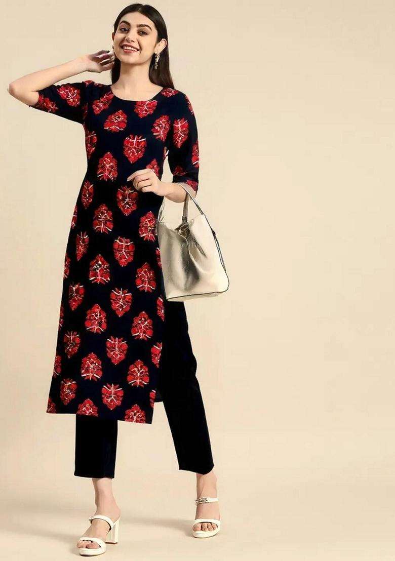 Black Printed Crepe Kurta Set - Indya