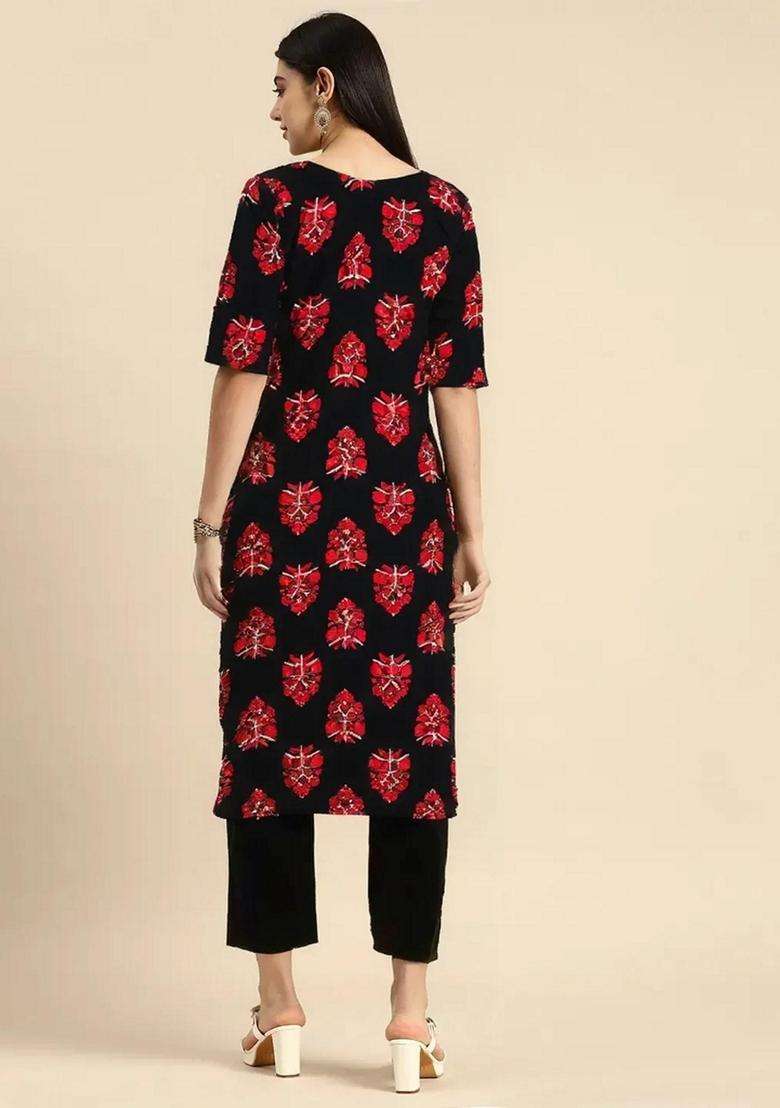 Black Printed Crepe Kurta Set - Indya
