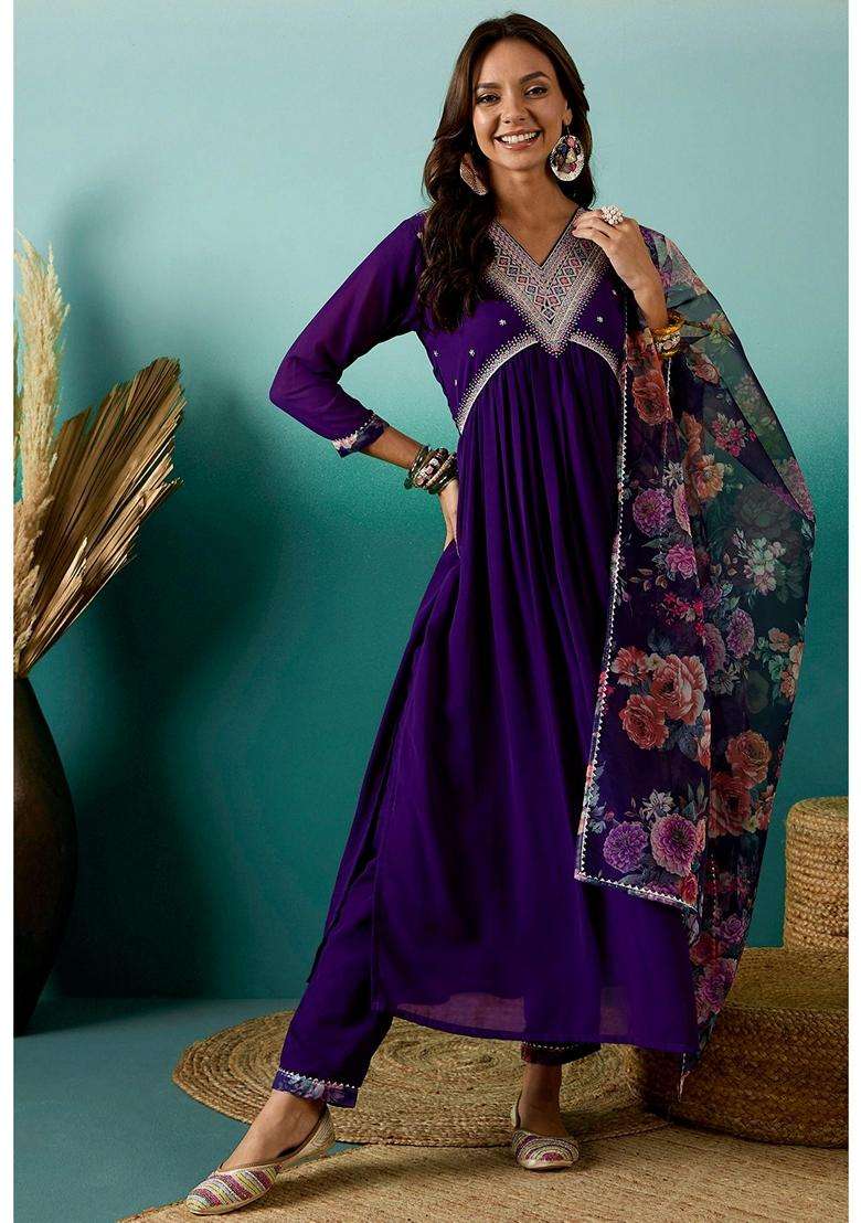 Purple Embroidery Georgette Kurta Set - Indya