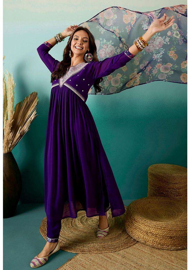 Purple Embroidery Georgette Kurta Set - Indya