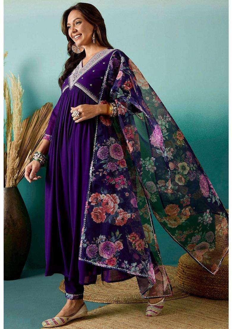 Purple Embroidery Georgette Kurta Set - Indya