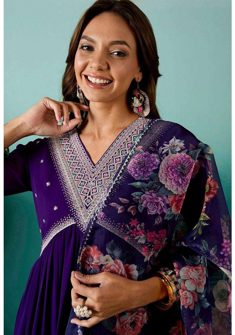 Purple Embroidery Georgette Kurta Set - Indya