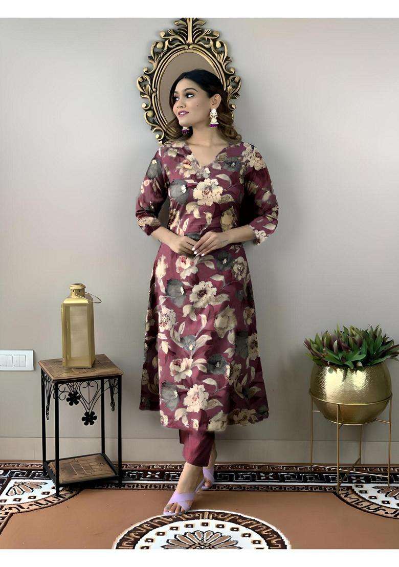 Wine Floral Rayon Kurta Set - Indya