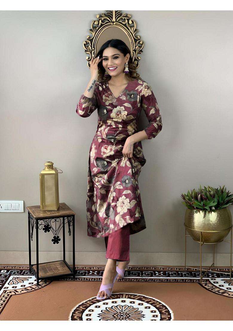 Wine Floral Rayon Kurta Set - Indya