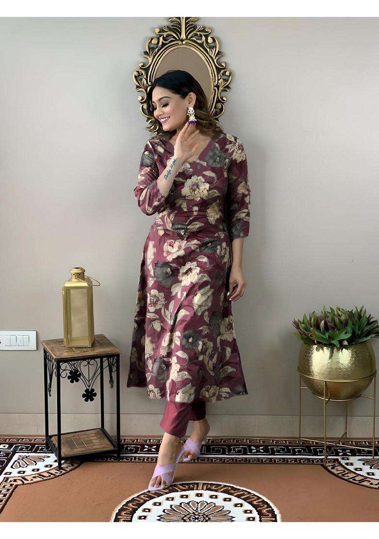 Wine Floral Rayon Kurta Set - Indya