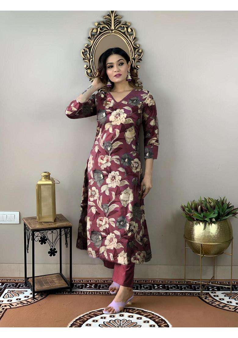 Wine Floral Rayon Kurta Set - Indya