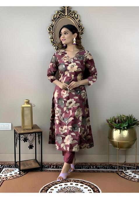 Wine Floral Rayon Kurta Set — view on Indya
