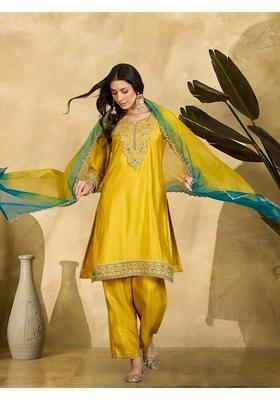 Yellow Embroidery Silk Palazzo Set