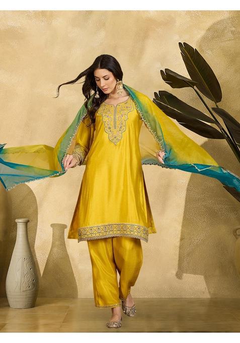 Yellow Embroidery Silk Palazzo Set — view on Indya