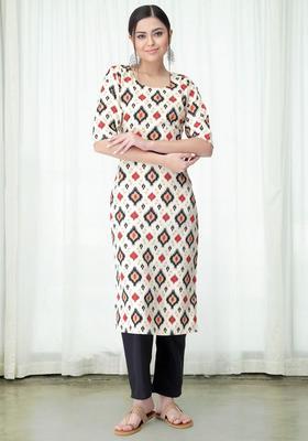 White Printed Crepe Kurta Set