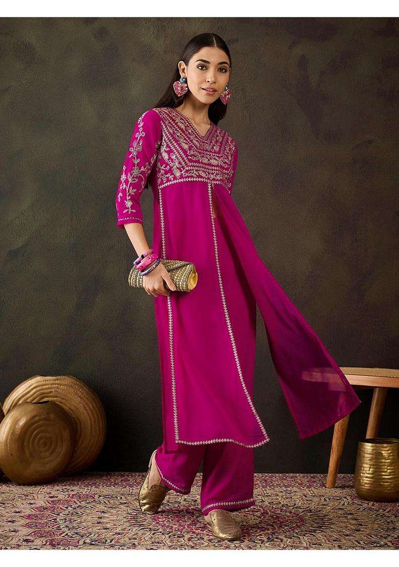 Rani Pink Embroidery Georgette Kurta Set - Indya