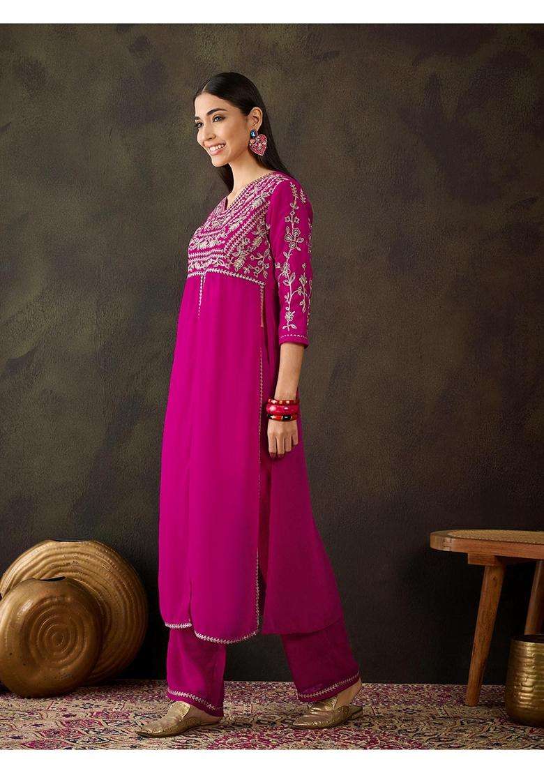 Rani Pink Embroidery Georgette Kurta Set - Indya