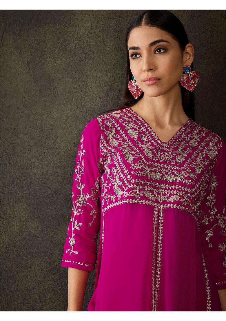 Rani Pink Embroidery Georgette Kurta Set - Indya
