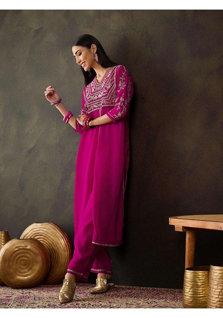 Rani Pink Embroidery Georgette Kurta Set - Indya