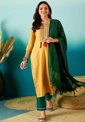 Yellow Embroidery Viscose Kurta Set
