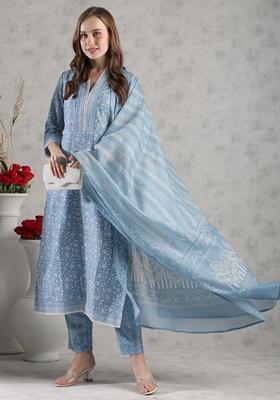 Blue Printed Rayon Kurta Set