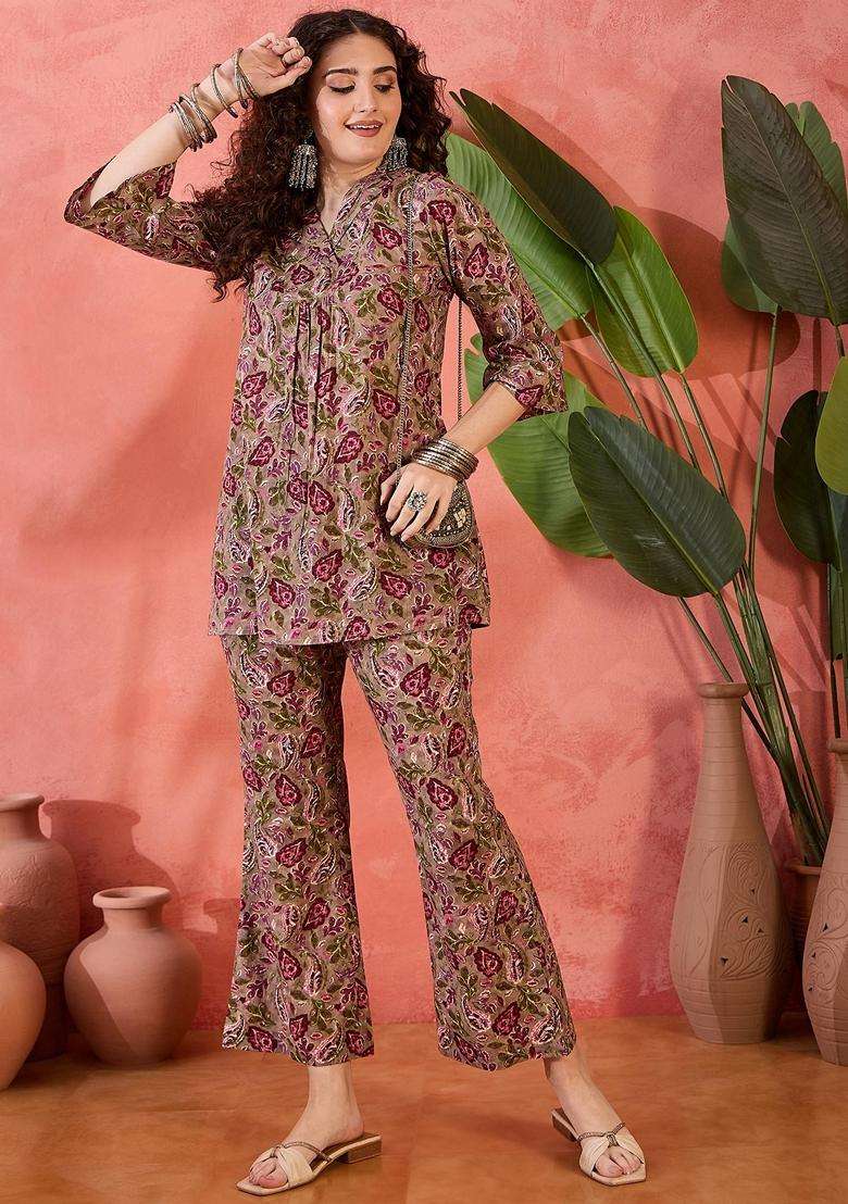 Brown Paisley Cotton Co-Ord Set - Indya