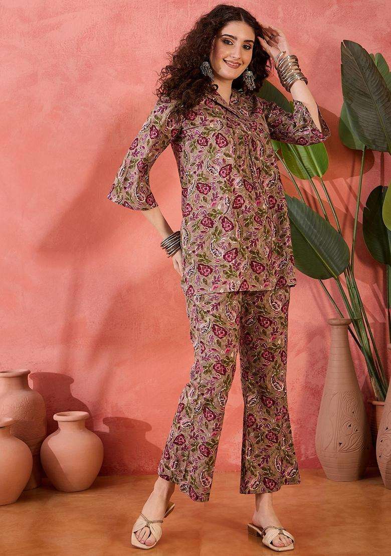 Brown Paisley Cotton Co-Ord Set - Indya
