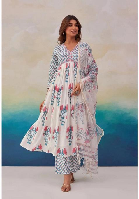 White Floral Rayon Anarkali Set — view on Indya