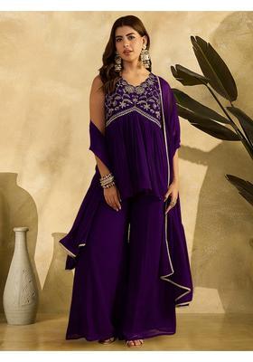Purple Embroidery Georgette Palazzo Set