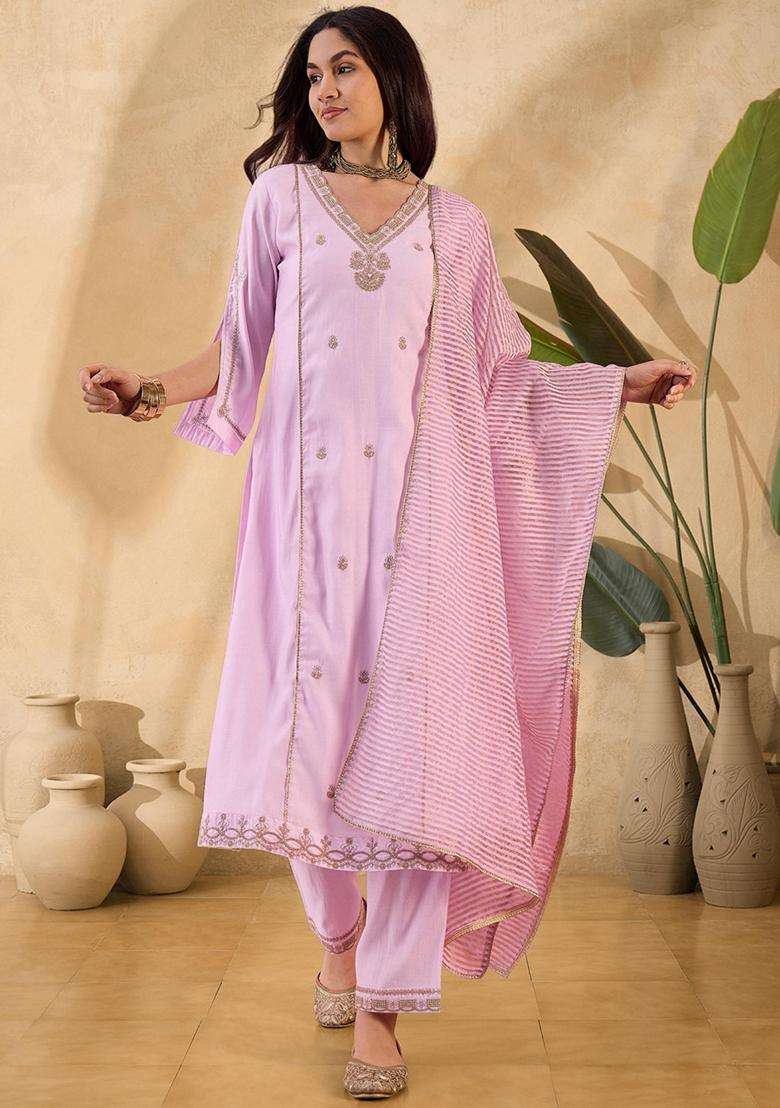 Pink Embroidery Silk Blend Kurta Set - Indya
