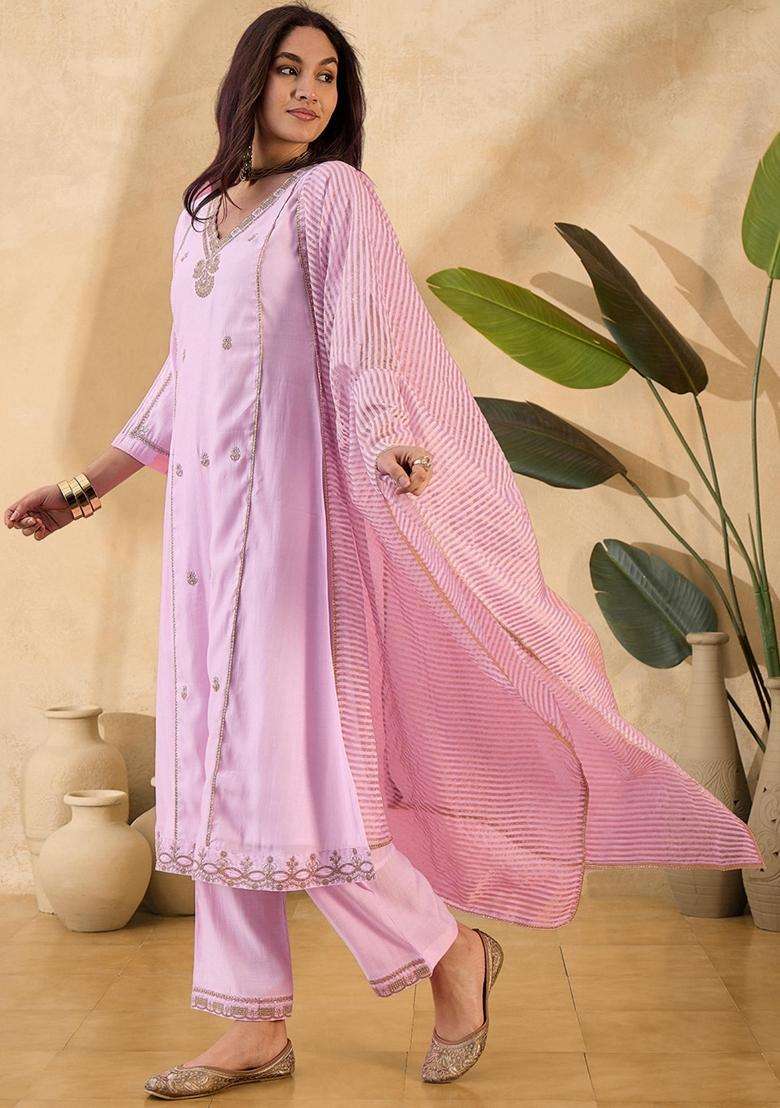 Pink Embroidery Silk Blend Kurta Set - Indya