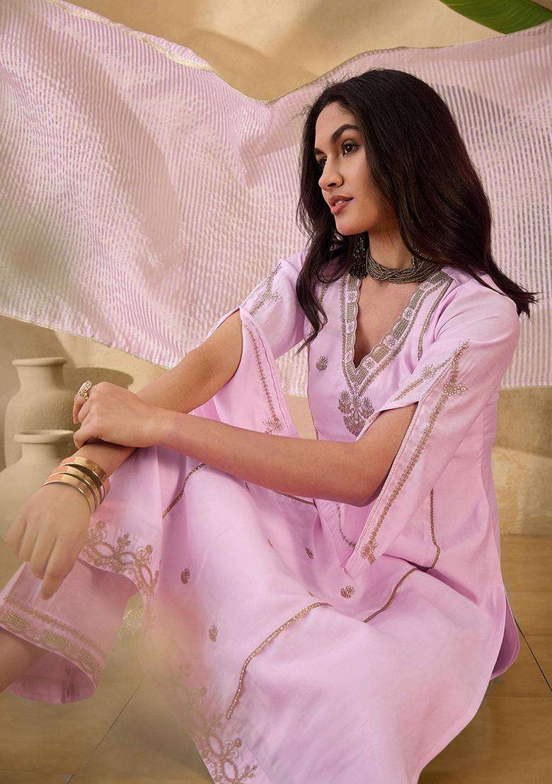 Pink Embroidery Silk Blend Kurta Set - Indya