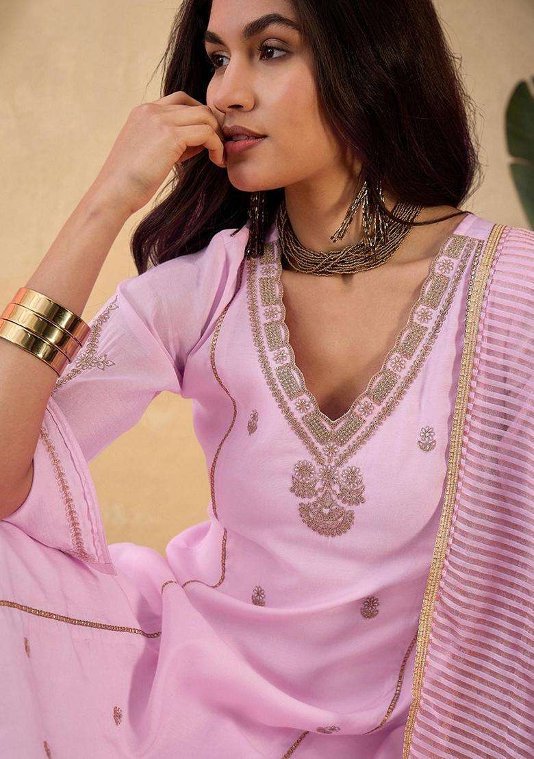 Pink Embroidery Silk Blend Kurta Set - Indya