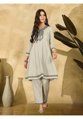 Grey Embroidery Silk Anarkali Set
