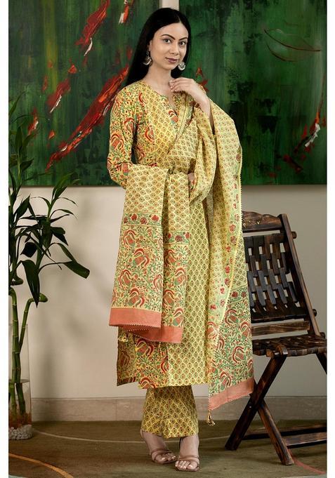 Yellow Floral Rayon Kurta Set — view on Indya