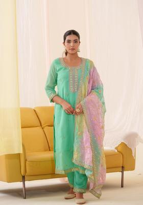 Green Embroidery Silk Kurta Set