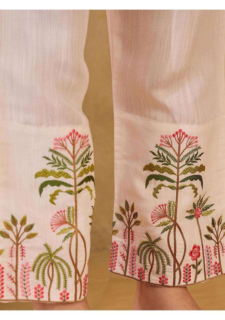 Off White Embroidery Silk Blend Kurta Set - Indya