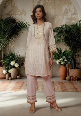Beige Stripes Cotton Kurta Set