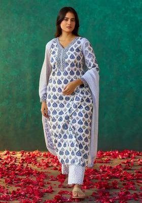 Blue Printed Cotton Kurta Set