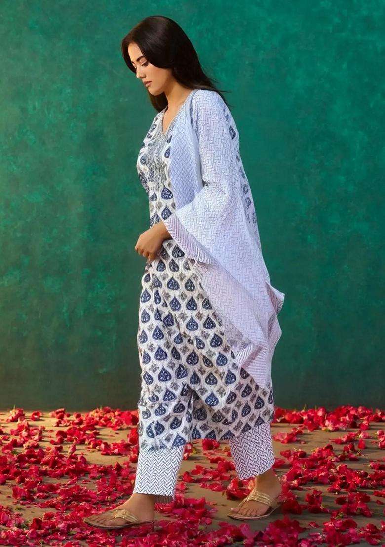 Blue Printed Cotton Kurta Set - Indya