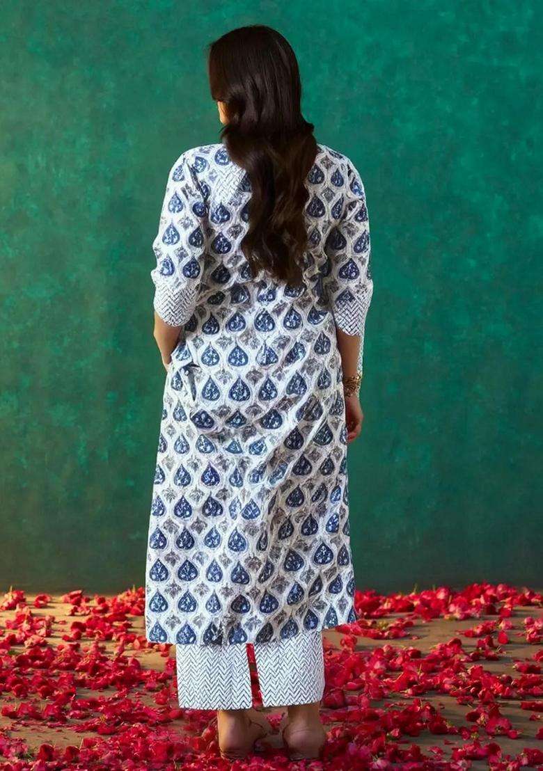 Blue Printed Cotton Kurta Set - Indya