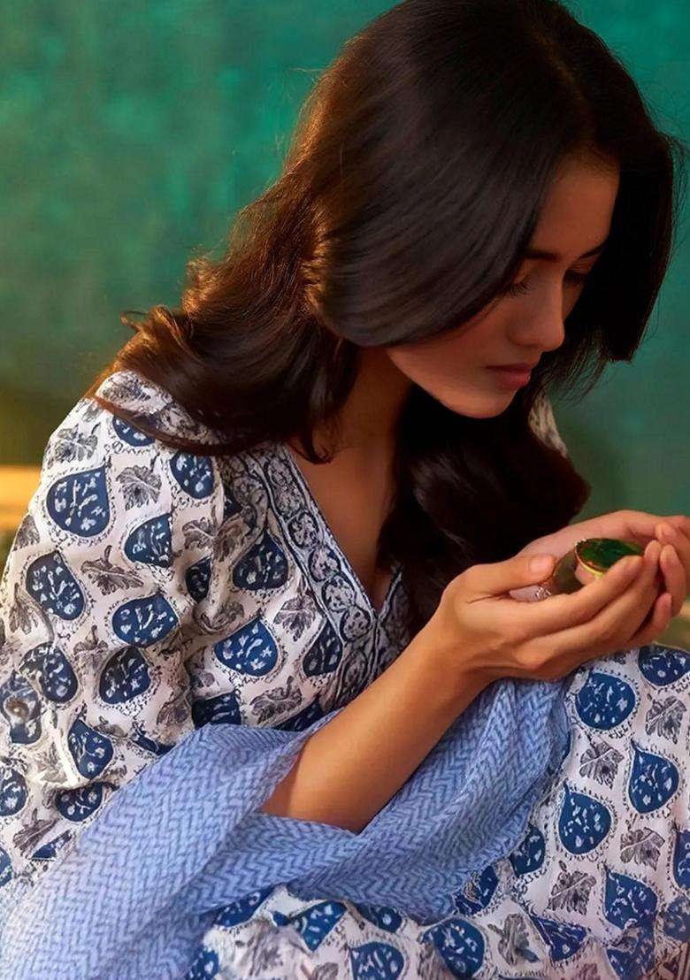 Blue Printed Cotton Kurta Set - Indya