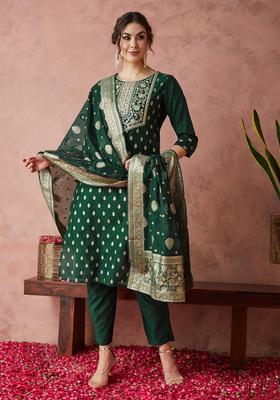 Green Woven Silk Blend Kurta Set