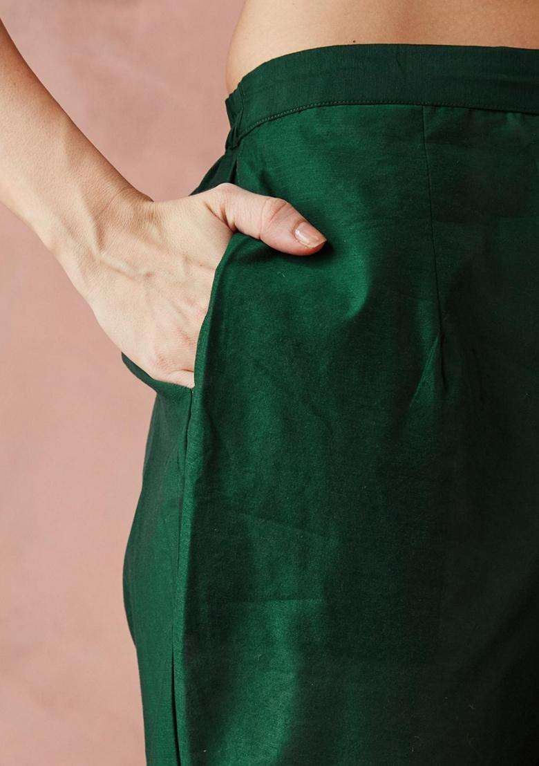 Green Woven Silk Blend Kurta Set - Indya