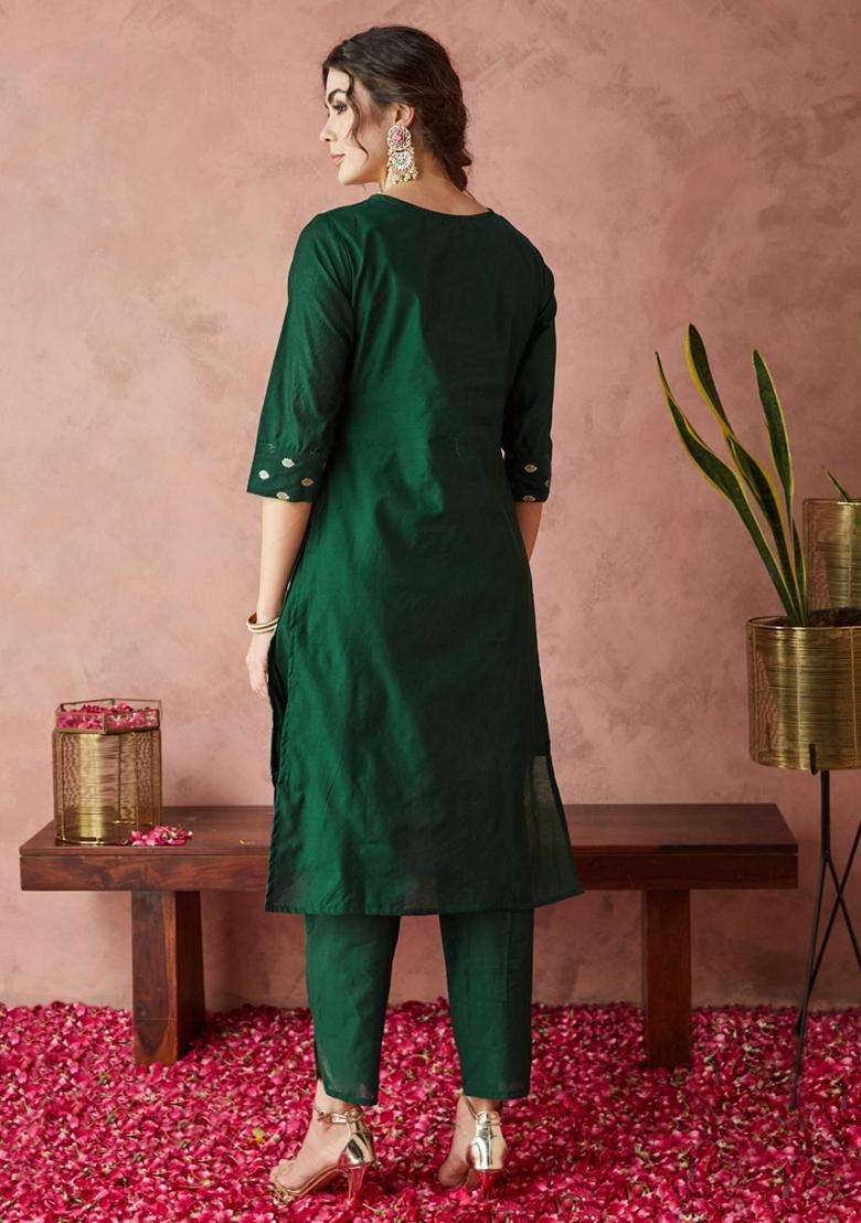 Green Woven Silk Blend Kurta Set - Indya