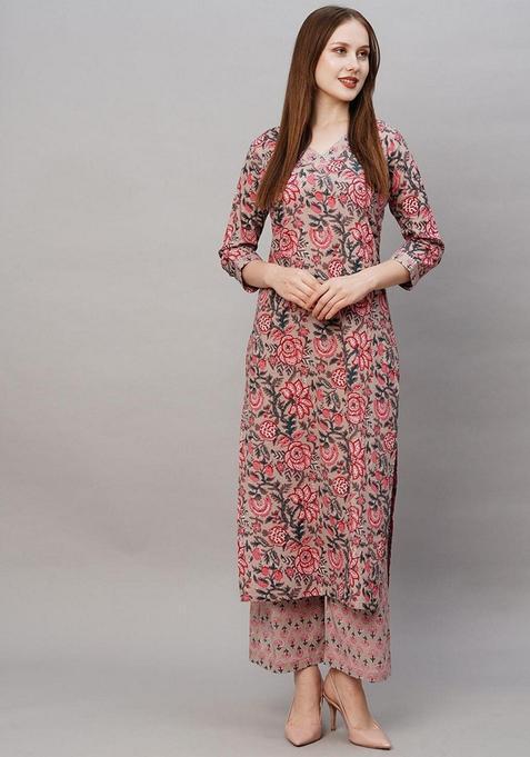 Peach Floral Rayon Kurta Set — view on Indya